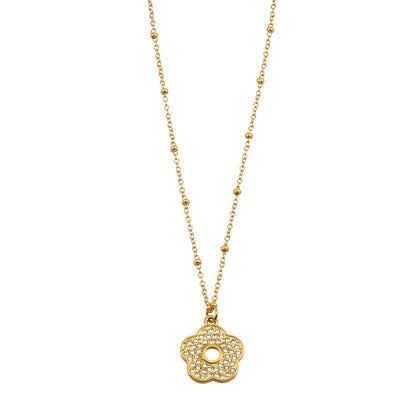 MELRINA Gold - Vintage Bloom: Beaded Chain Necklace with Pave Zirconia Flower Charm