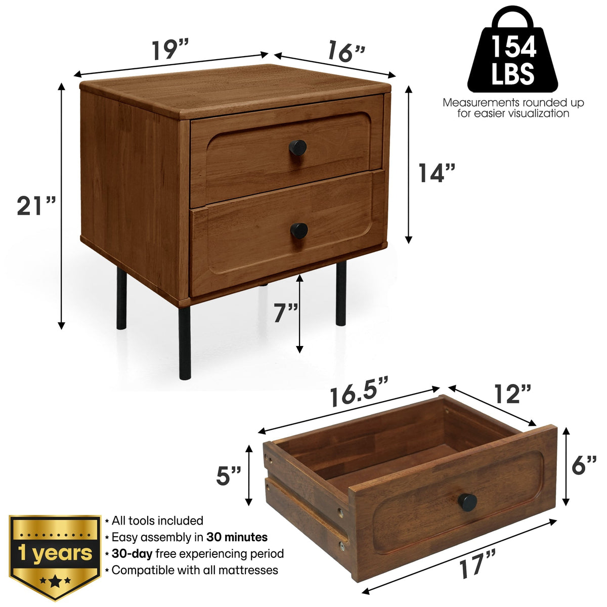 Savana Two Drawers Solid Wood Nightstand