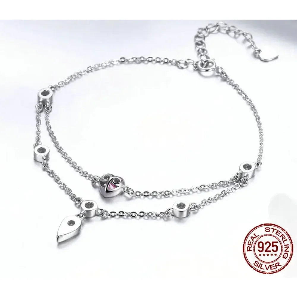 Bracelet en argent sterling double couche avec cœurs en zircone cubique rose
