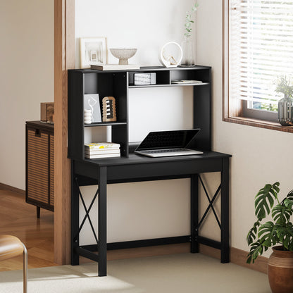 Bureau informatique Sloan avec surmeuble et étagères de rangement - Noir