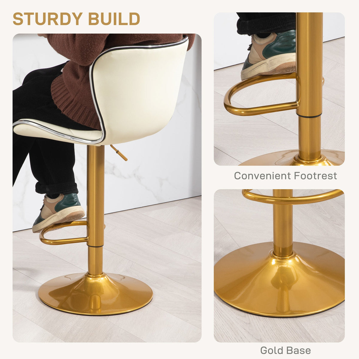 Maxi Counter Height Bar Stools Set of 2-Adjustable Height and Swivel Seat-White/Gold