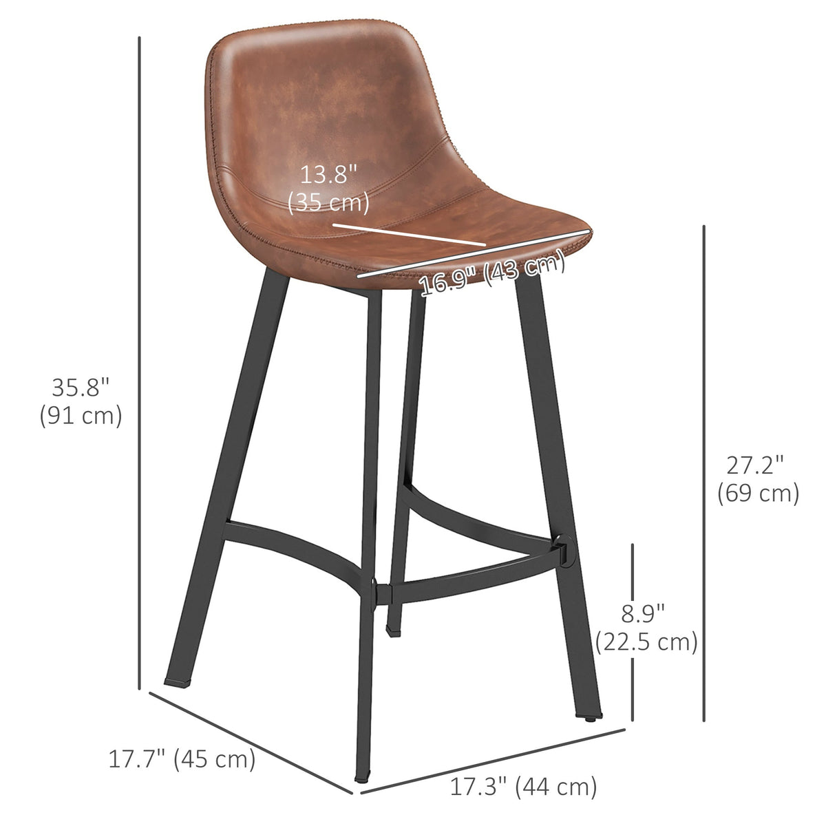 Tabourets de bar Andre avec dossier et pieds en acier - Lot de 2 - Marron