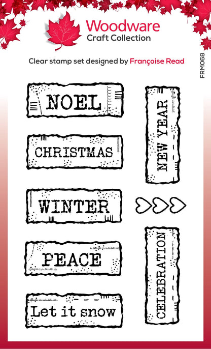 Tampon Woodware Clear Singles Étiquettes de Noël Scrapbooking 3 po x 4 po