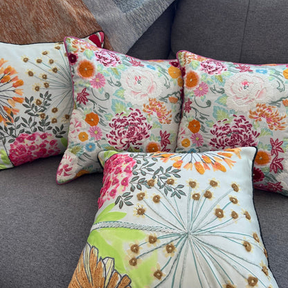 16x16" Dandelion Floral Embroidered Pillow Cover – Vibrant Multi-Color Accent with Paper Silk Back