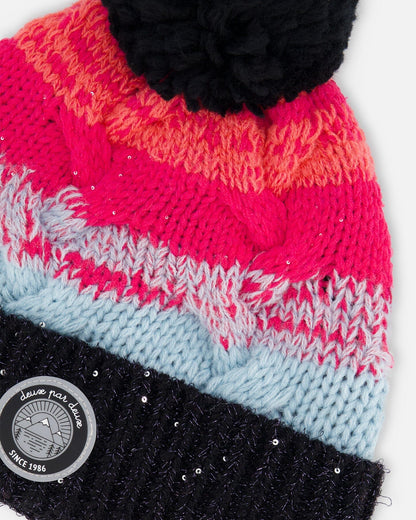 Bonnet tricoté dégradé bleu, corail et fuchsia