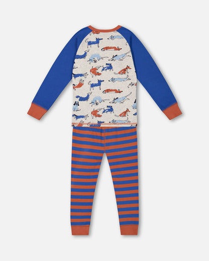 Ensemble pyjama deux pièces en coton biologique à rayures bleues et oranges