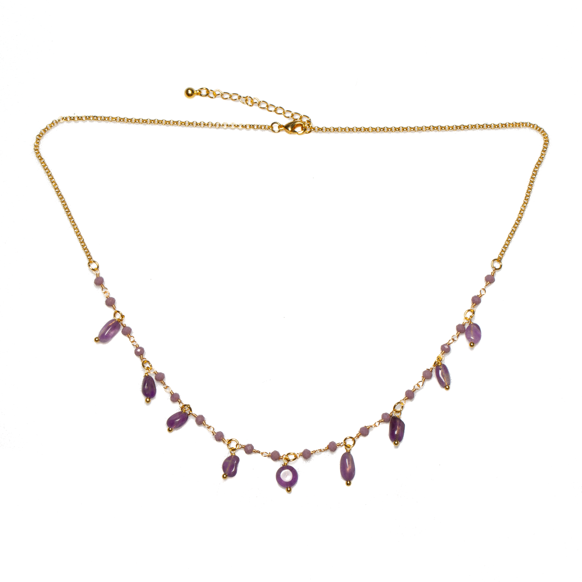 Collier Gouttelette en Plaqué Or avec Améthyste et Perles de Verre