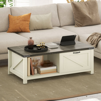 Table basse de ferme Lowen avec tiroir et étagère de rangement ouverte – Gris vieilli/Blanc