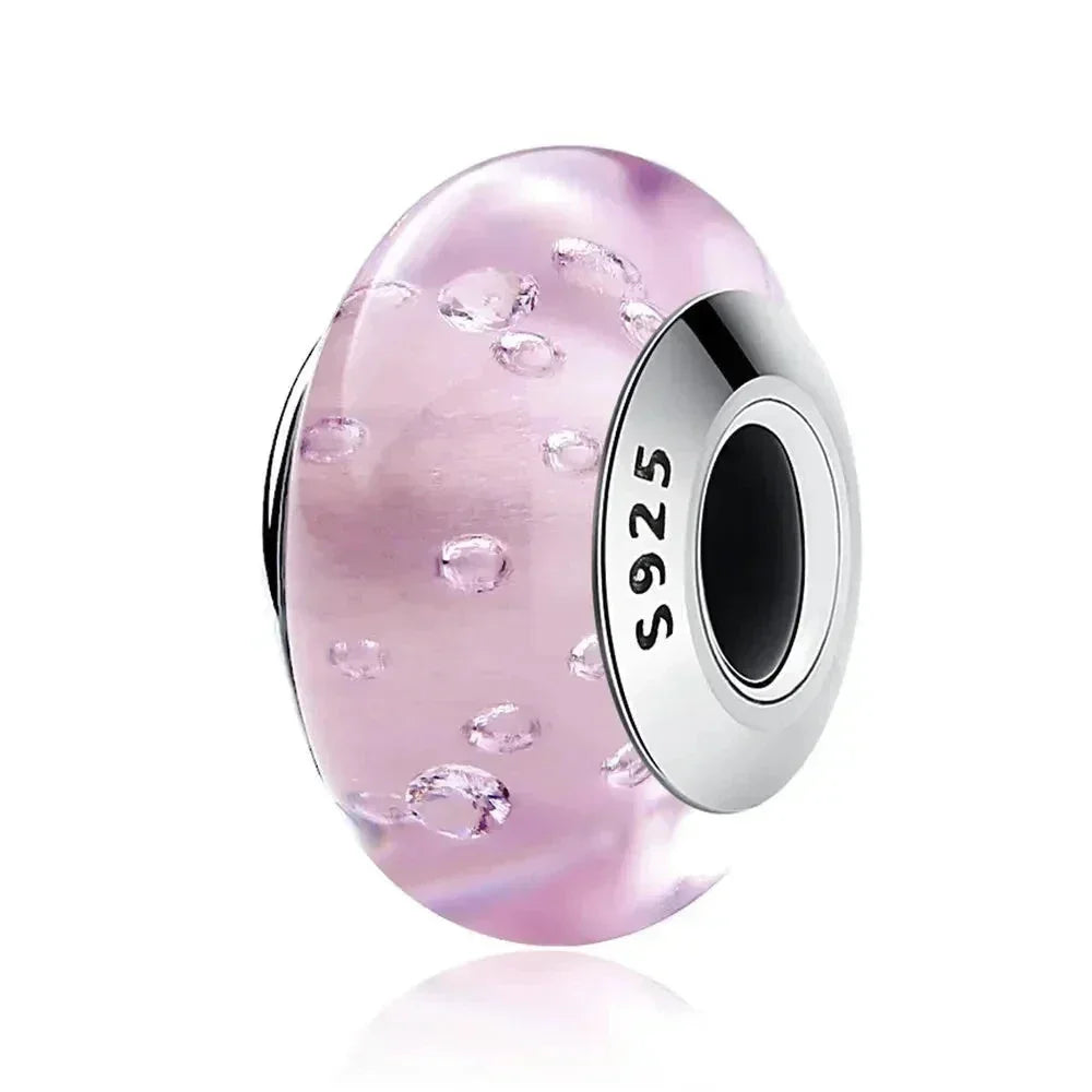 Perles en verre de Murano fleur rose en argent sterling 925 - Breloques de bracelet à faire soi-même pour une touche festive (Scz001)
