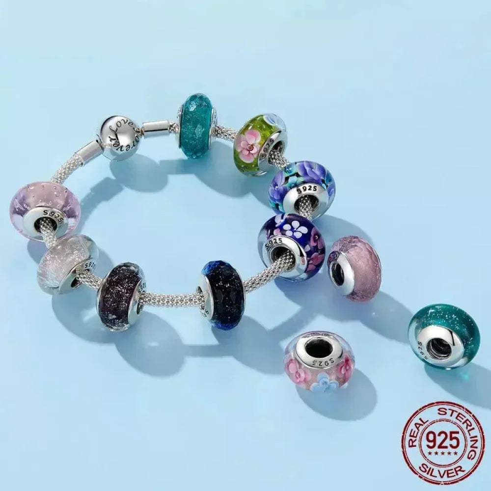 Perles en verre de Murano fleur rose en argent sterling 925 - Breloques de bracelet à faire soi-même pour une touche festive (Scz001)