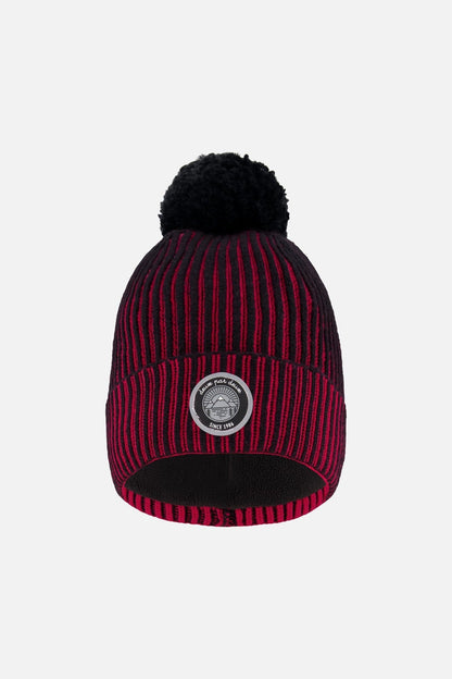 Bonnet tricoté doublé à pompon rouge et noir