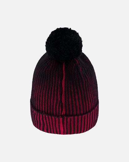 Bonnet tricoté doublé à pompon rouge et noir