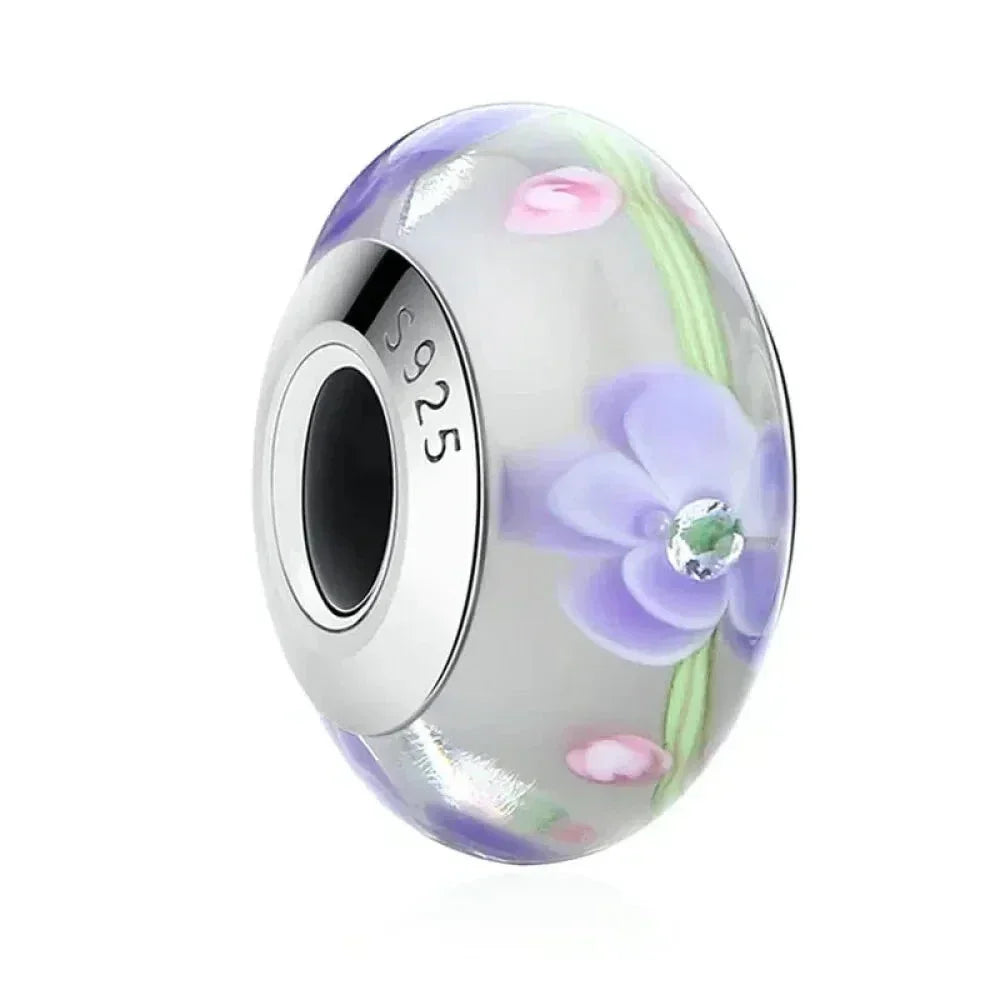 Perles en verre de Murano fleur rose en argent sterling 925 - Breloques de bracelet à faire soi-même pour une touche festive (Scz001)