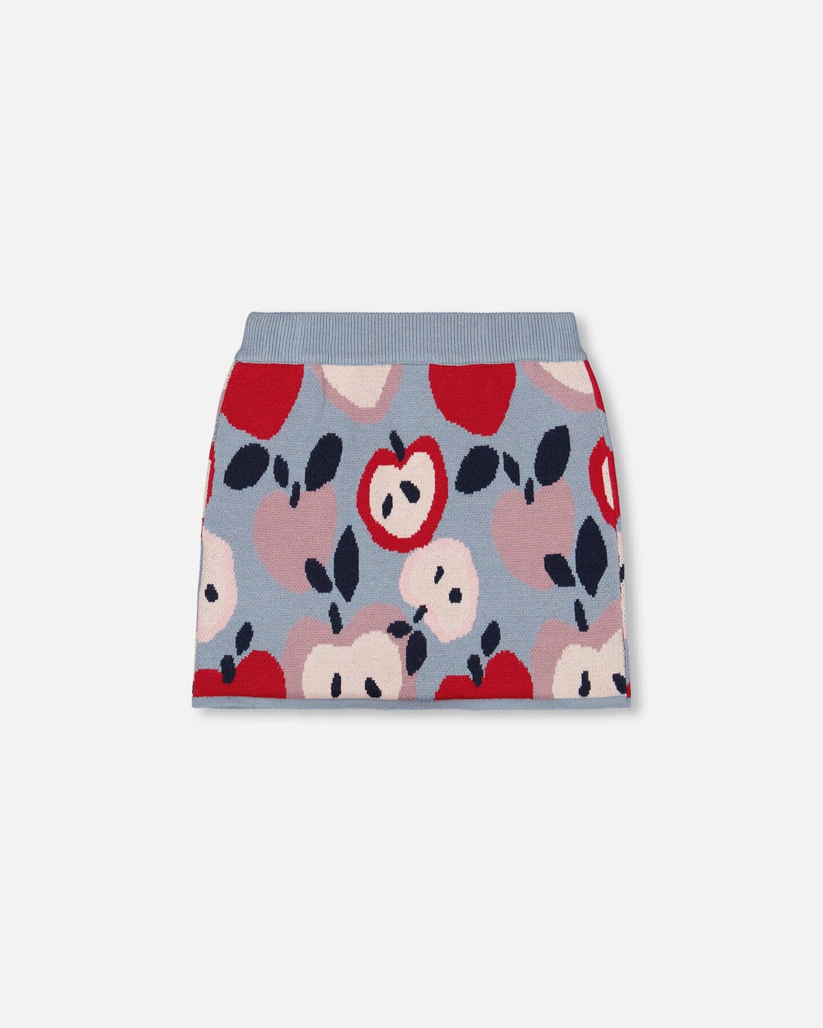Jupe en maille bleue et rouge avec jacquard cœur et pomme