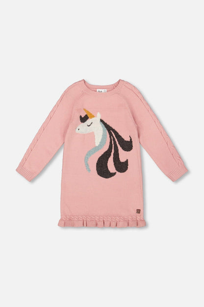 Robe en maille rose poudré avec intarsia licorne