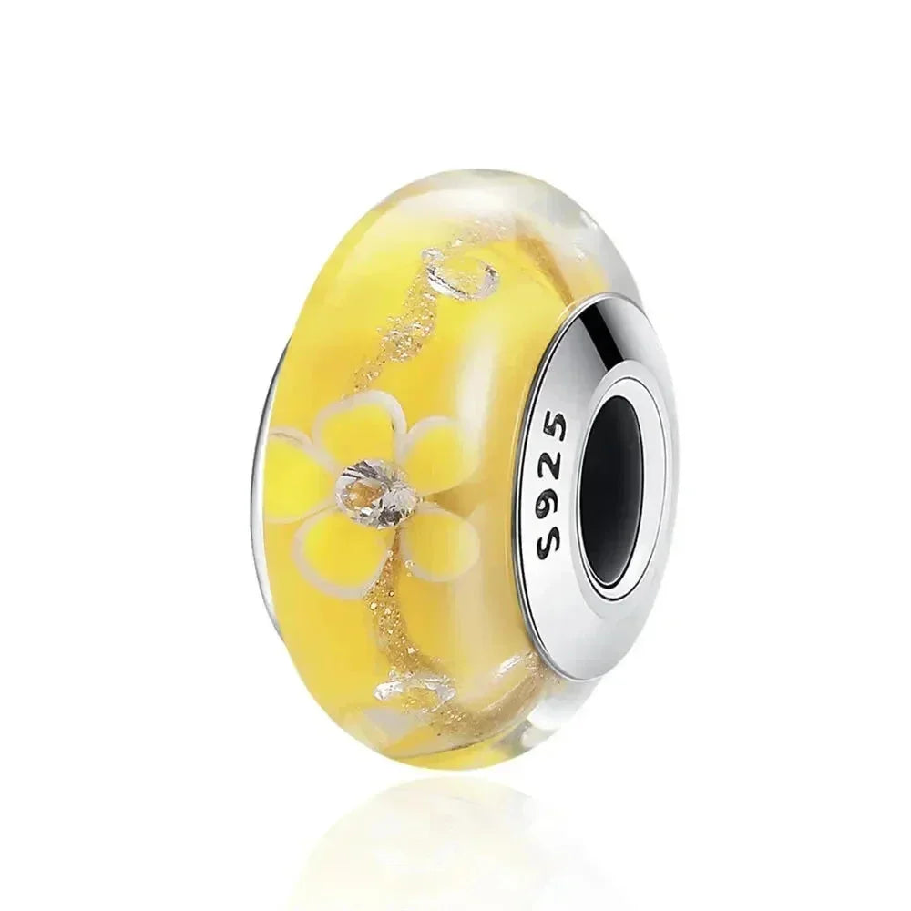 Perles en verre de Murano fleur rose en argent sterling 925 - Breloques de bracelet à faire soi-même pour une touche festive (Scz001)