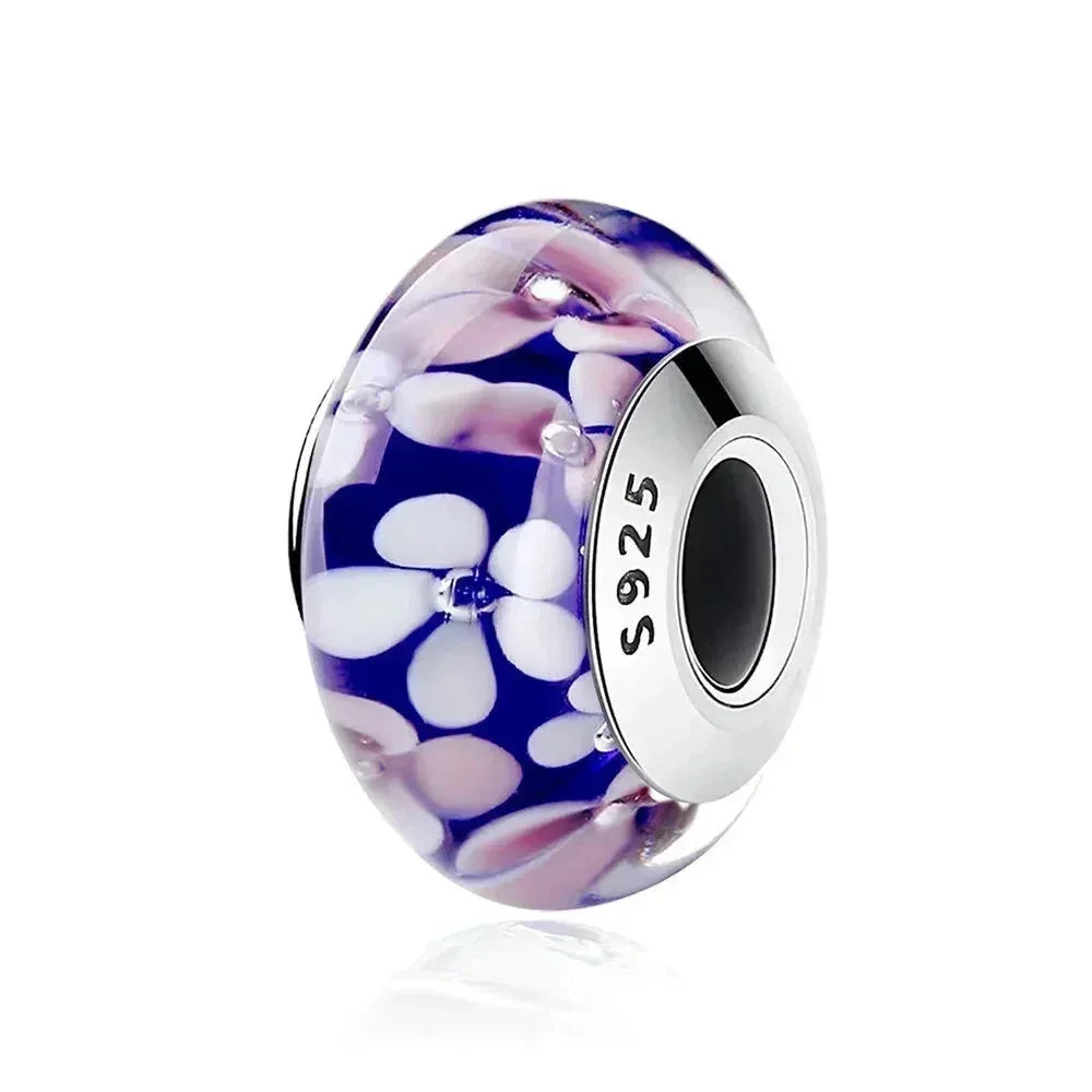 Perles en verre de Murano fleur rose en argent sterling 925 - Breloques de bracelet à faire soi-même pour une touche festive (Scz001)