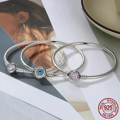 Sterling Silver Snake Chain Bangle Bracelet with CZ Pavé