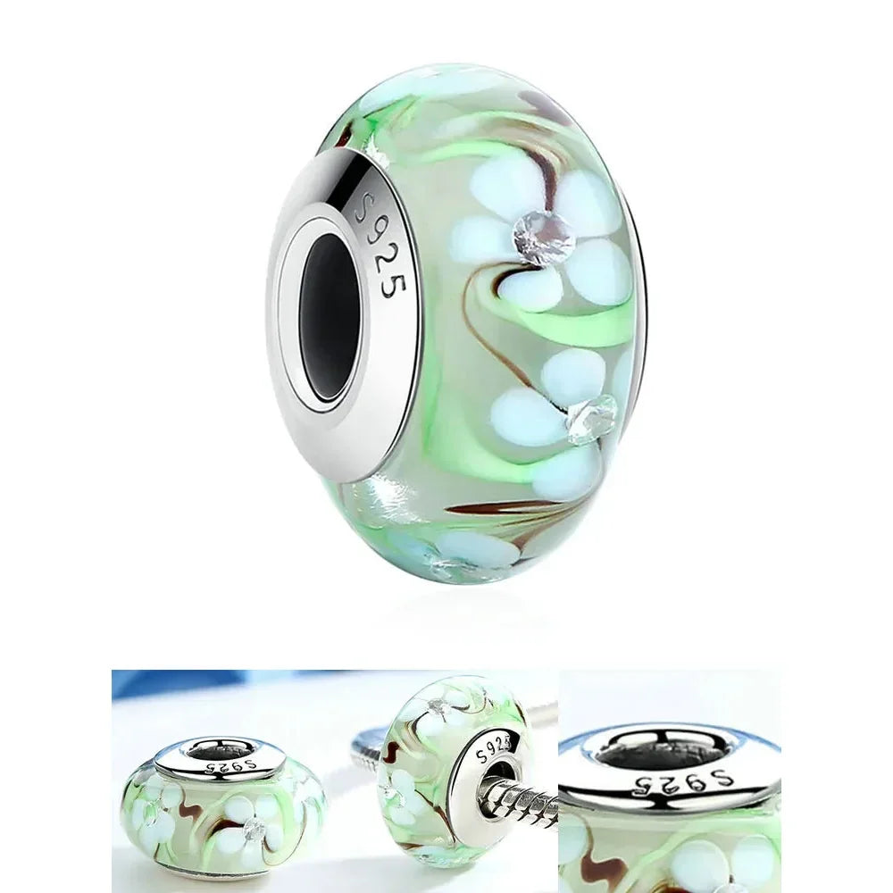 Perles en verre de Murano fleur rose en argent sterling 925 - Breloques de bracelet à faire soi-même pour une touche festive (Scz001)