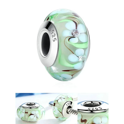Perles en verre de Murano fleur rose en argent sterling 925 - Breloques de bracelet à faire soi-même pour une touche festive (Scz001)