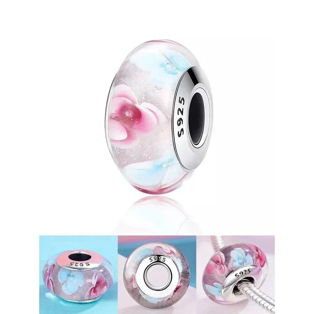 Perles en verre de Murano fleur rose en argent sterling 925 - Breloques de bracelet à faire soi-même pour une touche festive (Scz001)