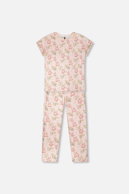 Organic Cotton Women Two-Piece Pyjama Set Pale Pink Bear Print