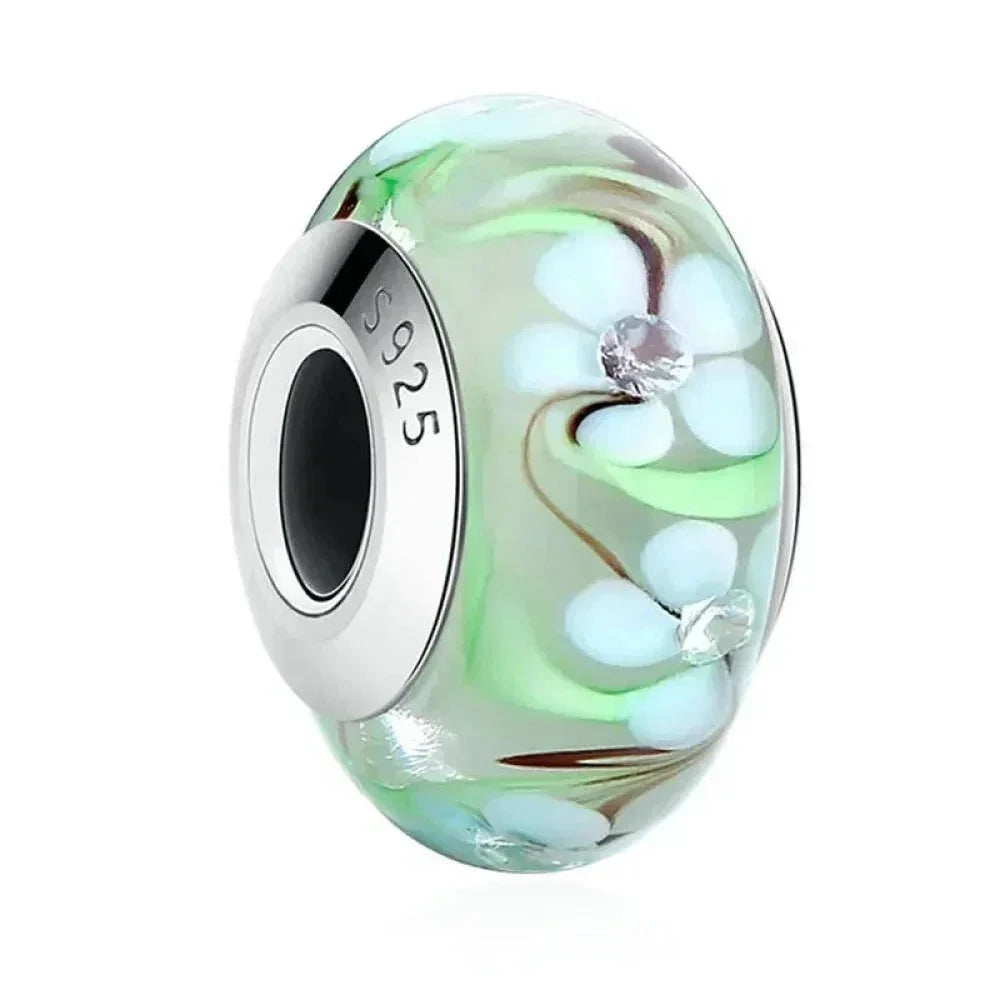 Perles en verre de Murano fleur rose en argent sterling 925 - Breloques de bracelet à faire soi-même pour une touche festive (Scz001)