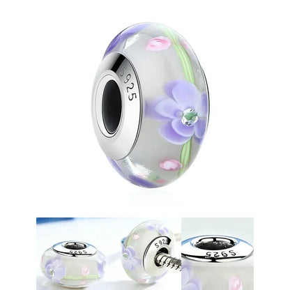 Perles en verre de Murano fleur rose en argent sterling 925 - Breloques de bracelet à faire soi-même pour une touche festive (Scz001)