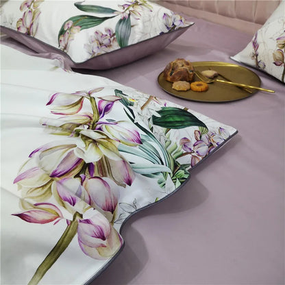 Parure de lit Eden 600 fils en coton à motifs floraux – Blanc/Lilas