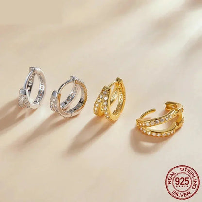 Boucles d'oreilles créoles doubles en argent sterling 925, avec géométrie élégante et cristal de zircon