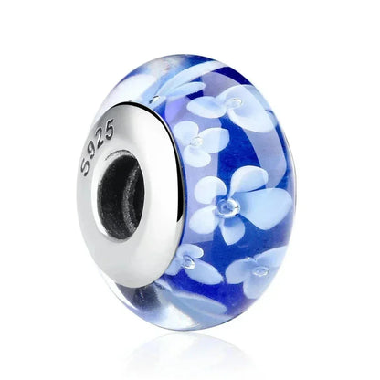 Perles en verre de Murano fleur rose en argent sterling 925 - Breloques de bracelet à faire soi-même pour une touche festive (Scz001)
