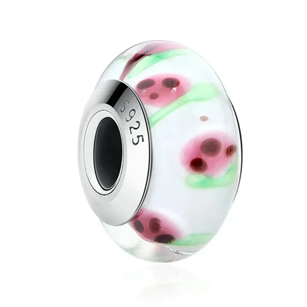 Perles en verre de Murano fleur rose en argent sterling 925 - Breloques de bracelet à faire soi-même pour une touche festive (Scz001)