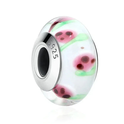 Perles en verre de Murano fleur rose en argent sterling 925 - Breloques de bracelet à faire soi-même pour une touche festive (Scz001)