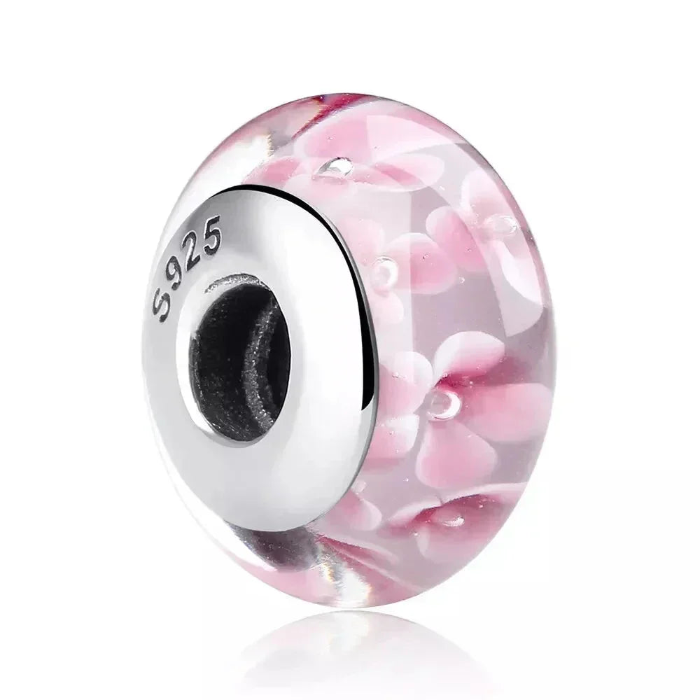 Perles en verre de Murano fleur rose en argent sterling 925 - Breloques de bracelet à faire soi-même pour une touche festive (Scz001)
