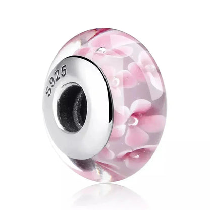 Perles en verre de Murano fleur rose en argent sterling 925 - Breloques de bracelet à faire soi-même pour une touche festive (Scz001)