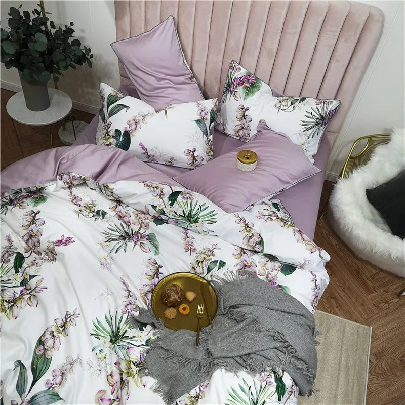 Parure de lit Eden 600 fils en coton à motifs floraux – Blanc/Lilas
