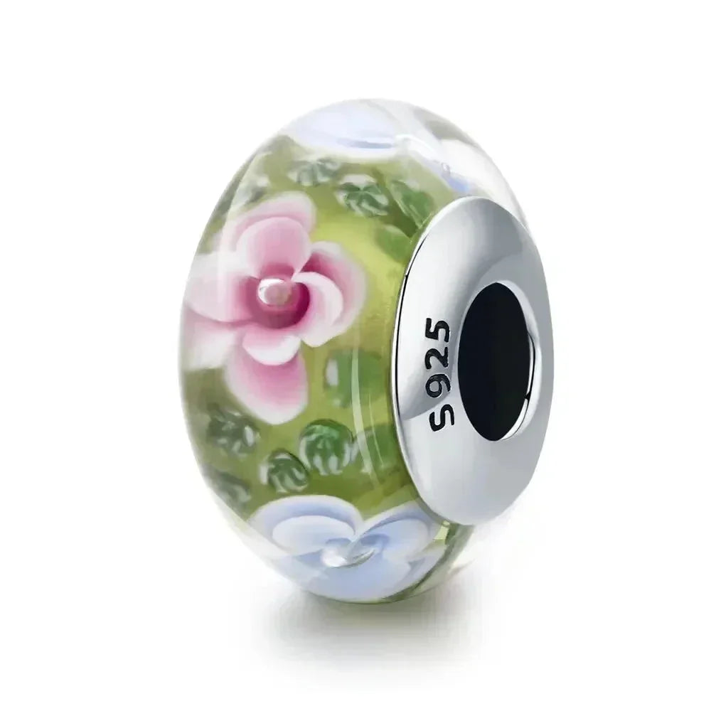 Perles en verre de Murano fleur rose en argent sterling 925 - Breloques de bracelet à faire soi-même pour une touche festive (Scz001)