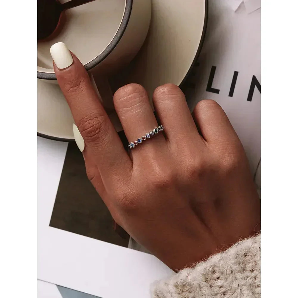 925 Sterling Silver Rainbow CZ Band Ring