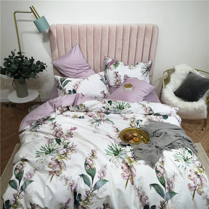 Parure de lit Eden 600 fils en coton à motifs floraux – Blanc/Lilas
