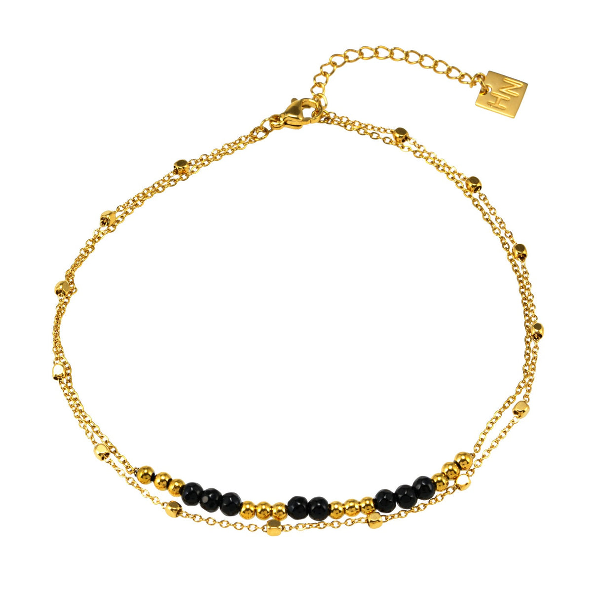 HILDA LG : Bracelet de cheville perles carrées et perles rondes deux-en-un noir et or.
