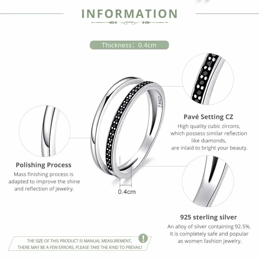Bague en argent sterling 925 avec double cercle et oxydes de zirconium noirs et clairs