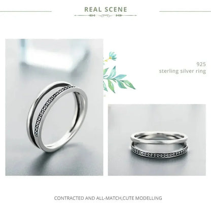 Bague en argent sterling 925 avec double cercle et oxydes de zirconium noirs et clairs