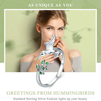 925 Sterling Silver Green Tree & Bird Open Ring