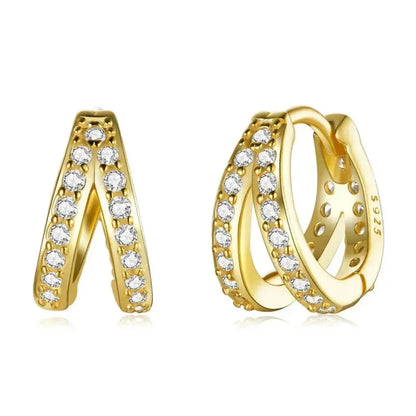 Boucles d'oreilles créoles doubles en argent sterling 925, avec géométrie élégante et cristal de zircon