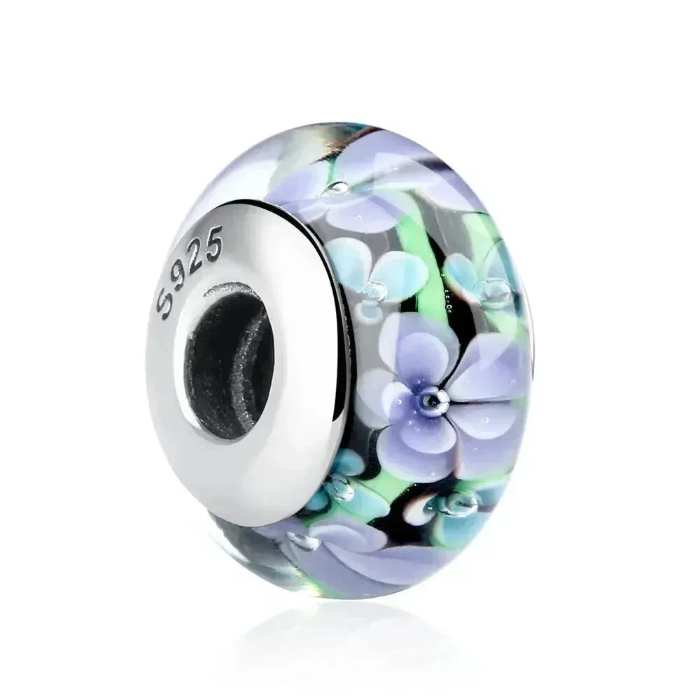 Perles en verre de Murano fleur rose en argent sterling 925 - Breloques de bracelet à faire soi-même pour une touche festive (Scz001)