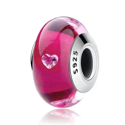 Perles en verre de Murano fleur rose en argent sterling 925 - Breloques de bracelet à faire soi-même pour une touche festive (Scz001)