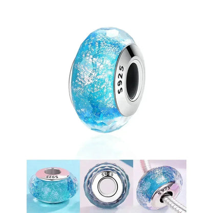 Perles en verre de Murano fleur rose en argent sterling 925 - Breloques de bracelet à faire soi-même pour une touche festive (Scz001)