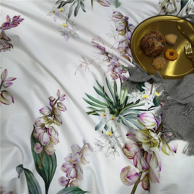 Parure de lit Eden 600 fils en coton à motifs floraux – Blanc/Lilas