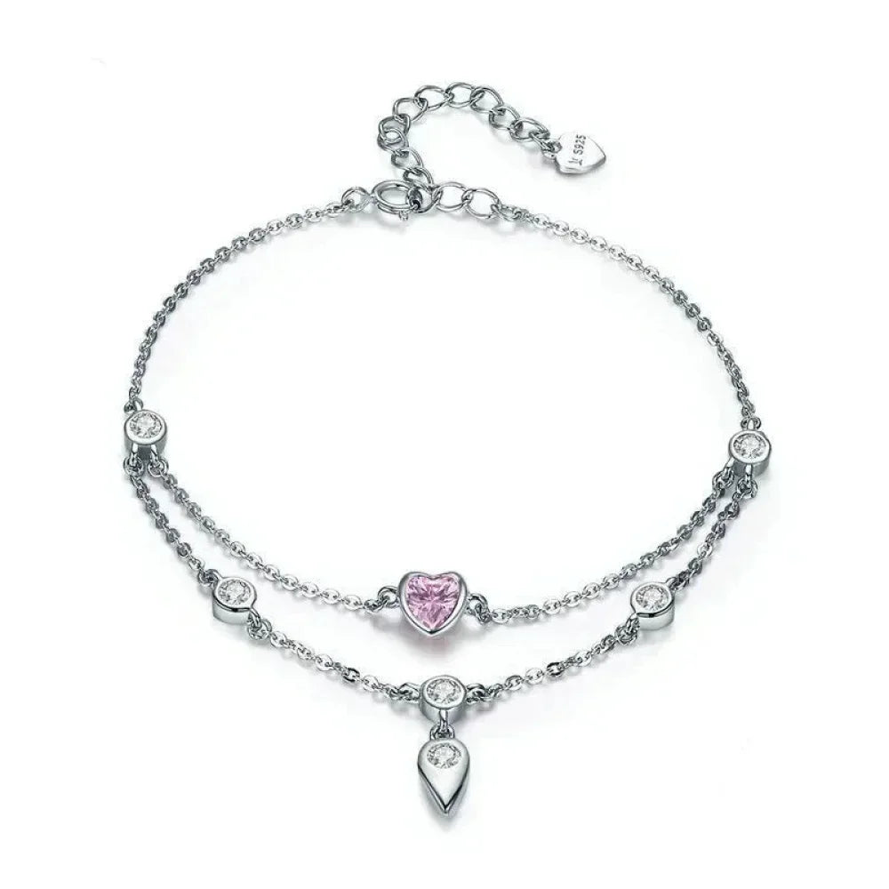 Bracelet en argent sterling double couche avec cœurs en zircone cubique rose