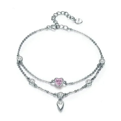 Bracelet en argent sterling double couche avec cœurs en zircone cubique rose